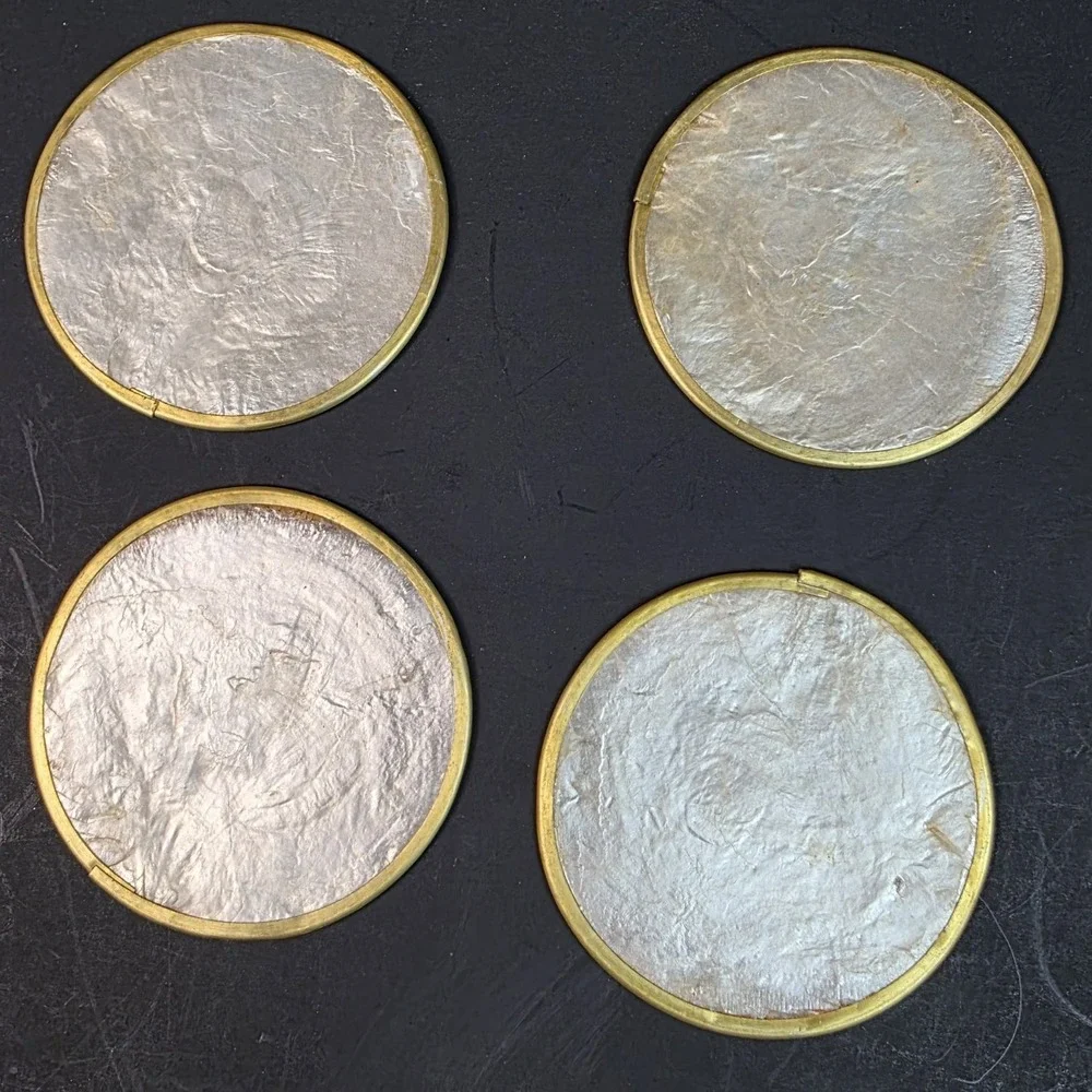 Vintage Capiz Shell Coasters Brass Rim Cork Back Set of 4 Gold Iridescent 3in